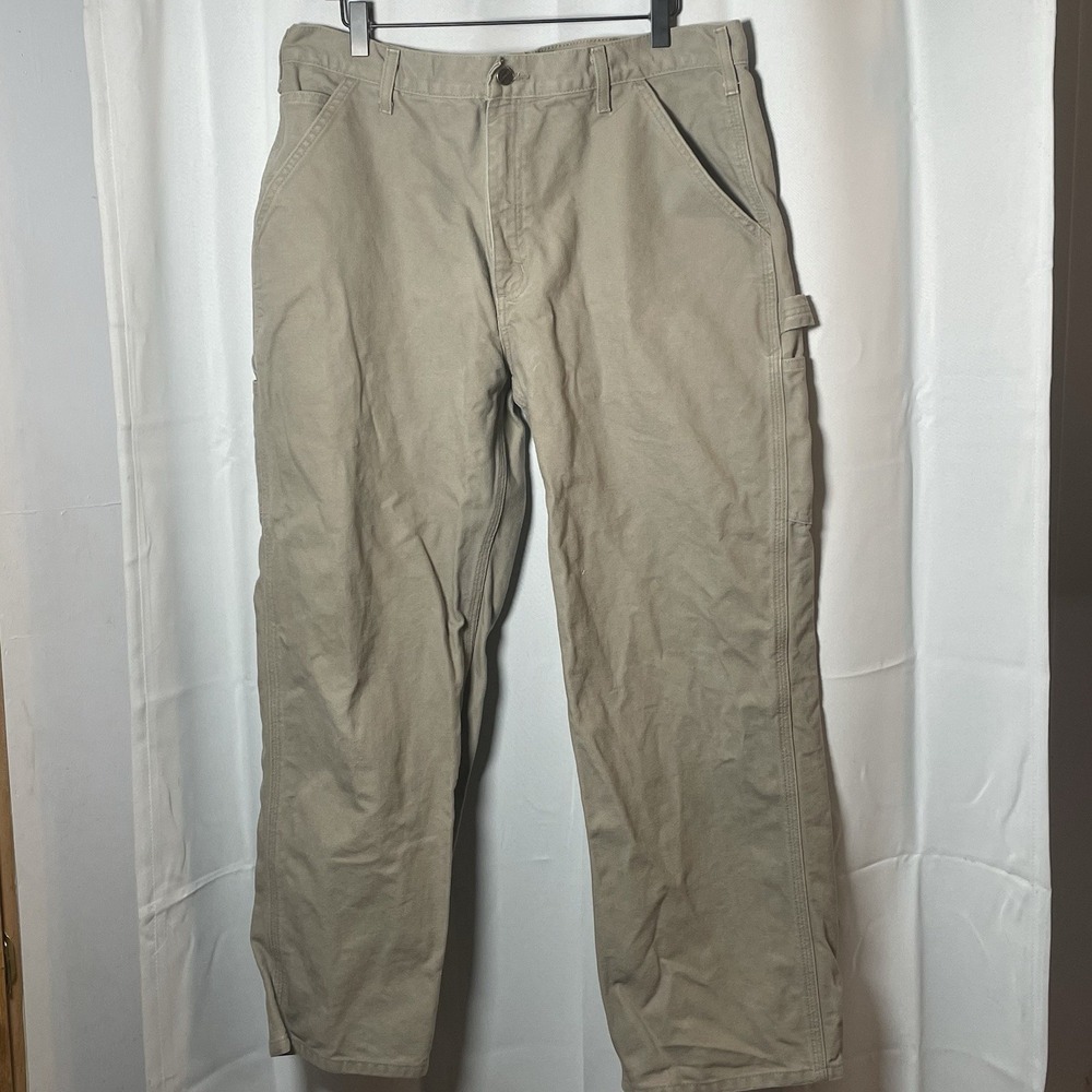 Carhartt Pants Mens 38X30 Tan Washed Duck Canvas Dungaree Work Carpenter B11 DES